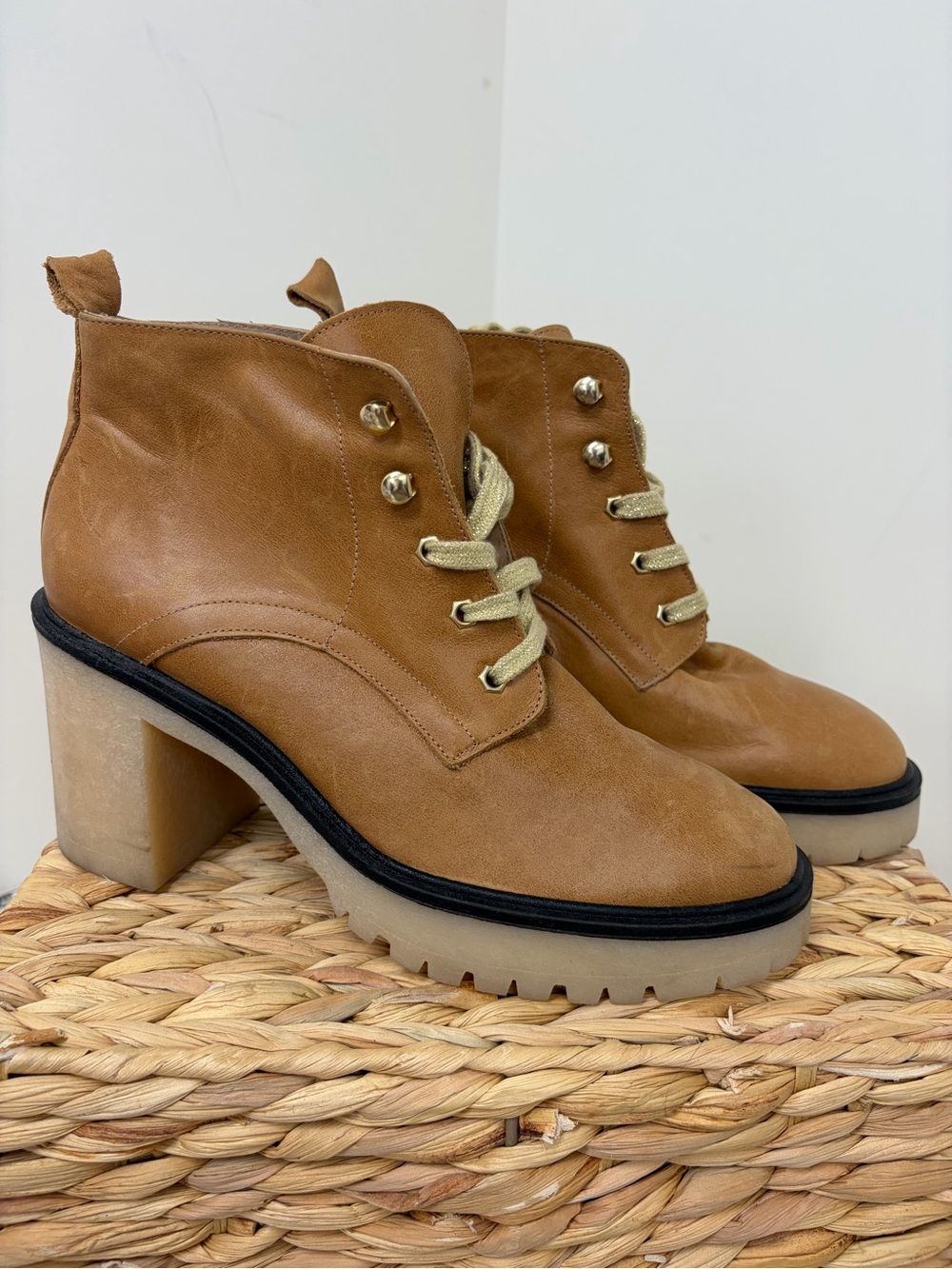 Free People Cognac Lace-Up Block Heel Ankle Boots